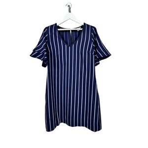 Tommy Bahama Dress M Medium Blue White Vista Stripe V Neck Flutter Sleeve Casual
